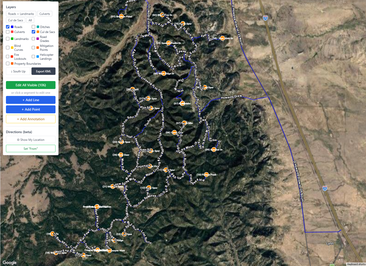 GROOM road management — satellite map showing cul de sac turnaround locations on rural road network